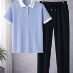 Sky blue polo and black pent